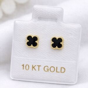 Van Four Leaf Black Enamel Stud Earrings Inspired 10K Solid Gold 7mm